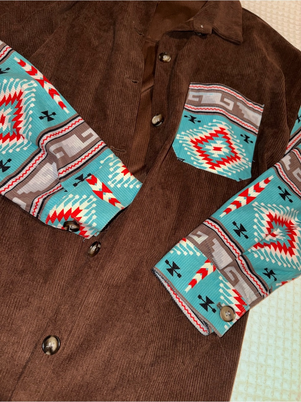 2/$10 - Brown Corduroy jacket with Turquoise Aztec Sleeves - Picture 2 of 4